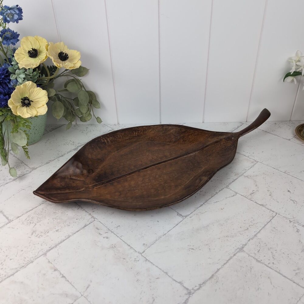 Pier 1 Vintage Hammered Metal Leaf Shape Decorative Tray Platter 22.5" x 11"